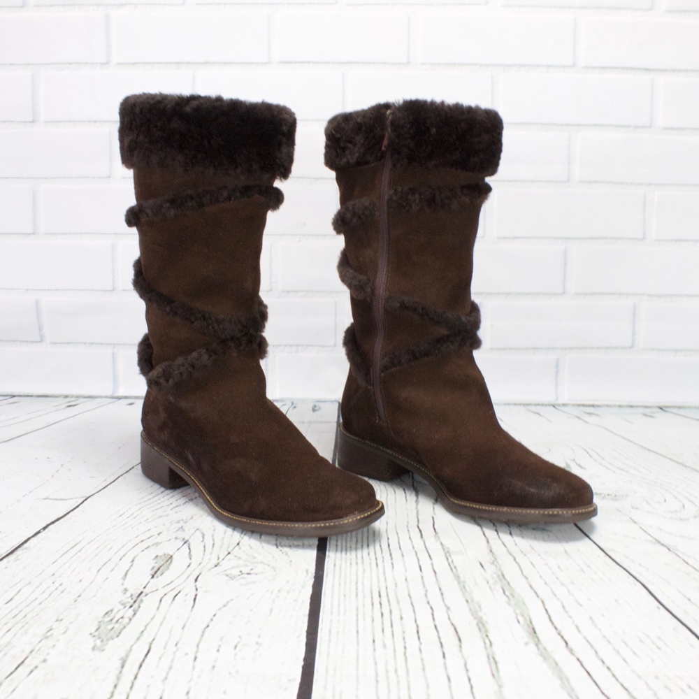 LL Bean Brown Suede Leather Shearling Lined Side Zip Tall Winter Boots 8.5 M - Picture 3 of 8